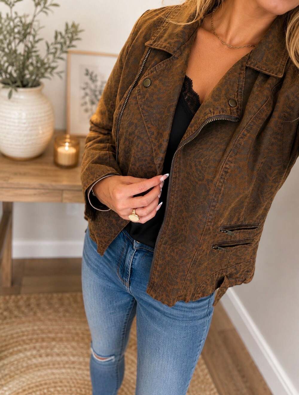 KUT from the Kloth Brown Leopard Print Faux Suede Moto Jacket Size M